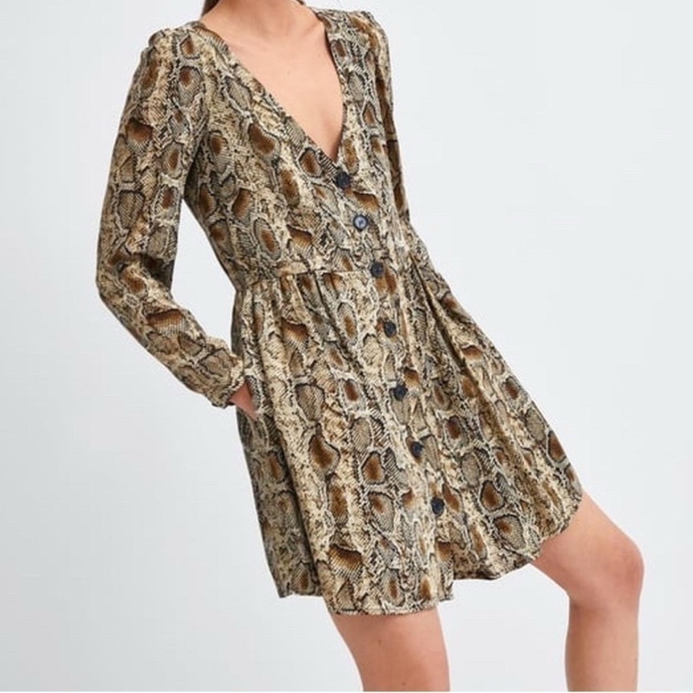 ZARA trf snakeskin print long sleeve mini dress with pockets great condition